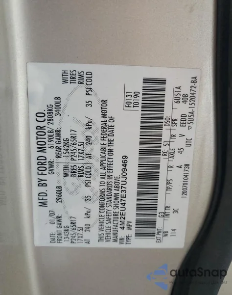 2007 Mercury Mountaineer Luxury from USA, damaged, VIN 4M2EU47E37UJ09469